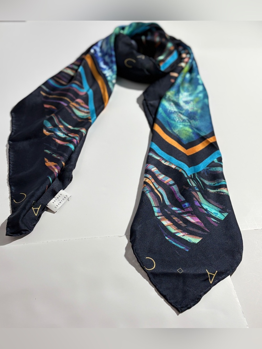 Anthea Crawford Scarf Abstract Feather Geometric Print Multicolor Black